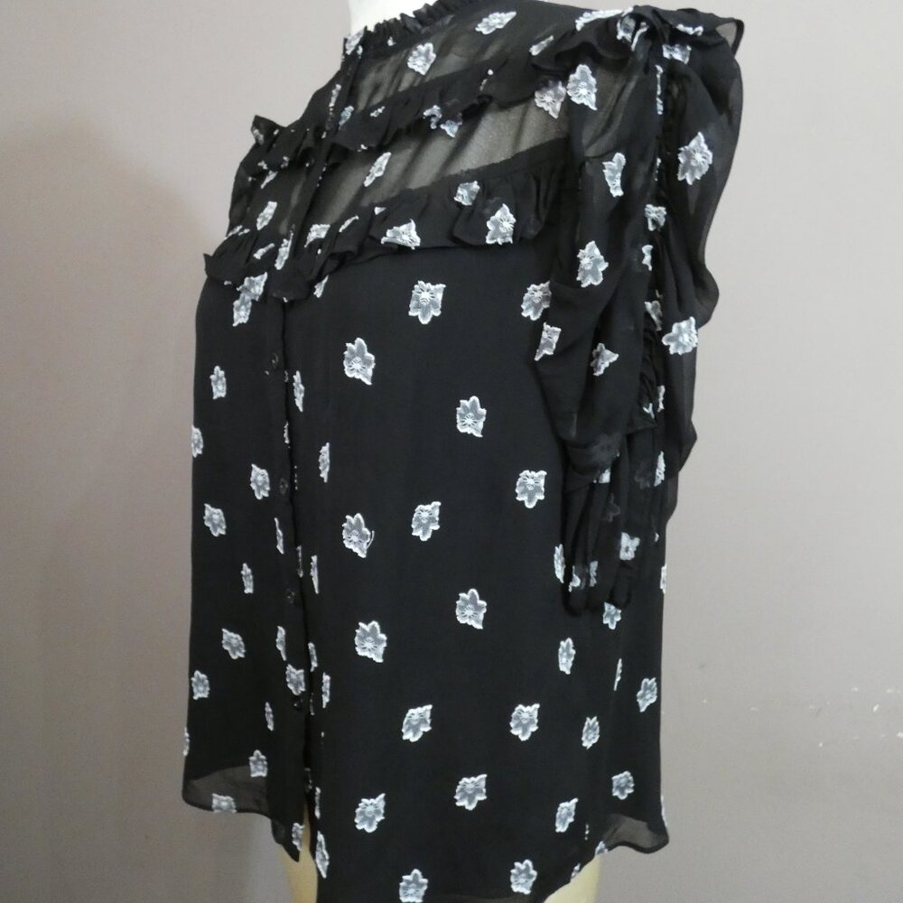 Shoshanna Women's M Terra Top Black Semi Sheer Floral Button Up Ruffle Detail - Picture 4 of 11